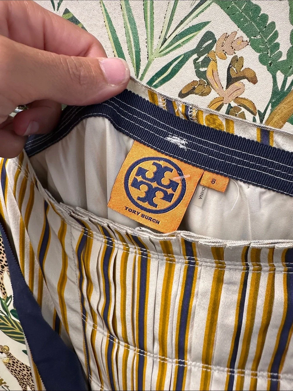 Tory Burch Striped Midi Skirt with Navy Tie Waist
